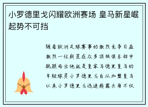 小罗德里戈闪耀欧洲赛场 皇马新星崛起势不可挡 小罗德里戈闪耀欧洲赛场 皇马新星崛起势不可挡